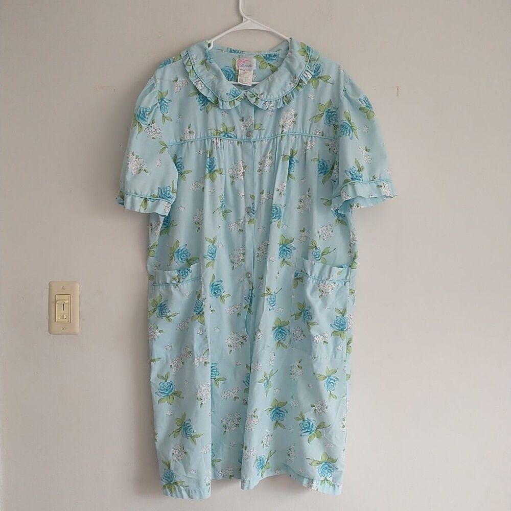 VTG Bernette Housecoat Robe 2X/XL*Blue Floral Pockets Pearl Snap Ruffle Cotton